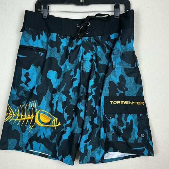 Tormenter Board Shorts Blue Camo Graphic Swim Suit Trunks Skeleton Mens Size 32 - Picture 1 of 15